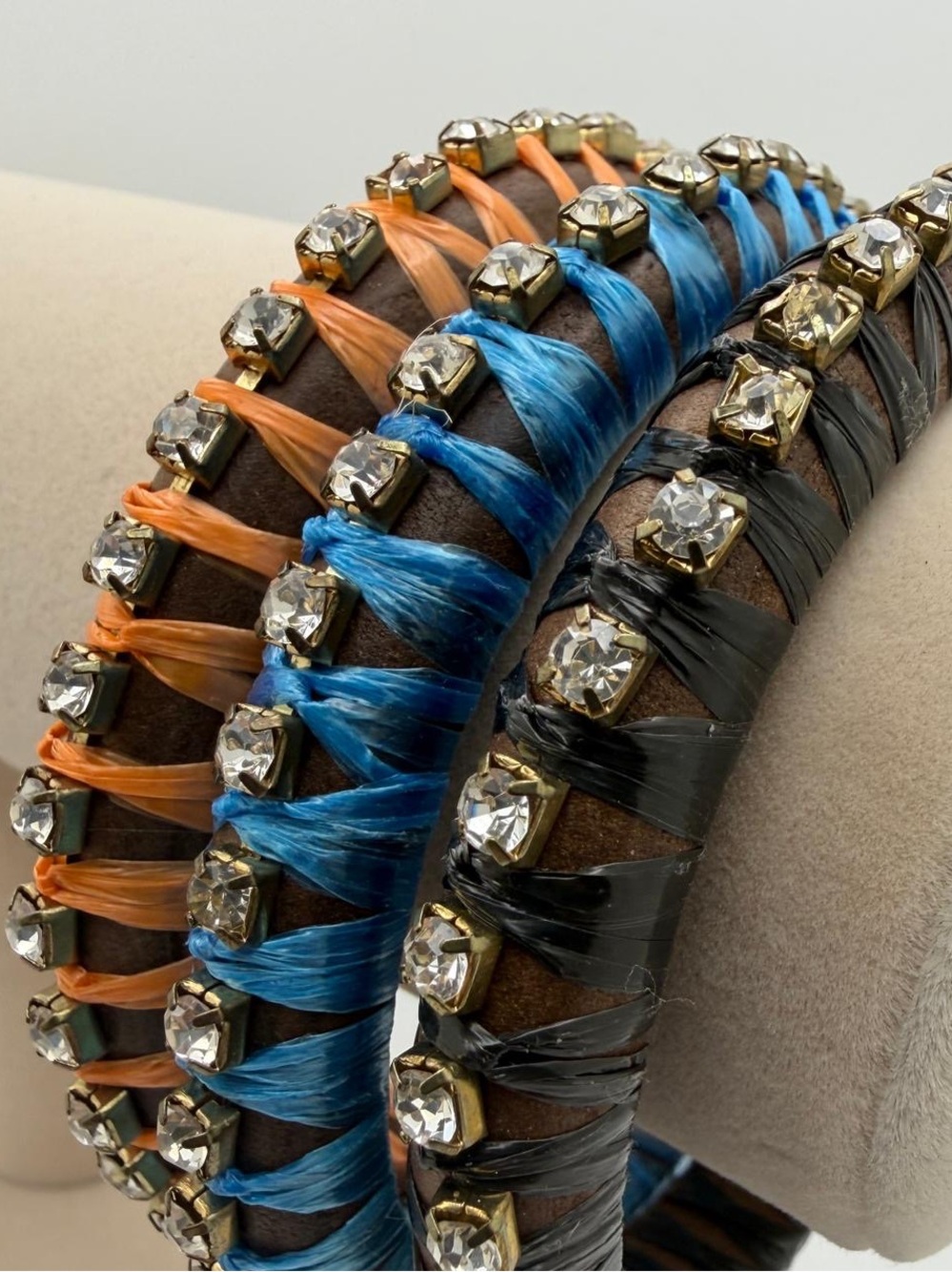 Colorful Wrapped Rhinestone Stackable Bracelet Set - Orange Blue Brown - Picture 4 of 5